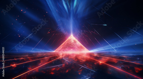 Neon blue light shines behind an abstract formation of an alien pyramid structure.