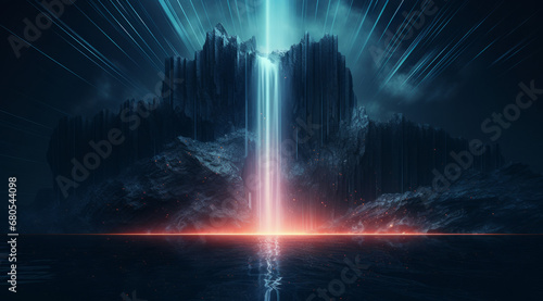 Glowing neon waterfall flowing from a mountain in a surreal, abstract landscape.