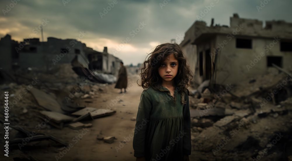 Palestinian Girl Radiates Strength and Beauty Against the Backdrop of a Devastated City