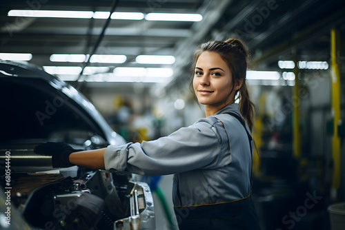 Woman Mechanic at the Factory Skillfully Repairing a Car Engine with Precision and Dedication
