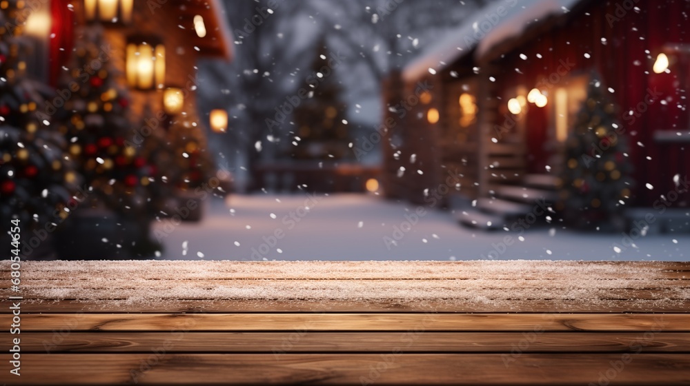 Christmas trees with bokeh light in snow with empty wooden table and festive bokeh at christmas time, Christmas decorated house exterior, generative ai Christmas trees with bokeh light in snow with empty wooden table and festive bokeh at christmas time, Christmas decorated house exterior, generative ai