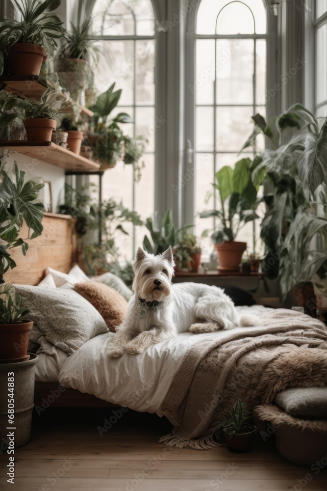 Cute West Highland White Terrier dog in a cozy bright bedroom in boho style on the bed.