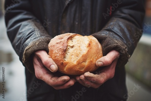 A homeless person holding a piece of bread on a city street. The concept of poverty, social inequality and food crisis