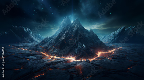A foreboding volcanic mountain under a starry night sky. photo