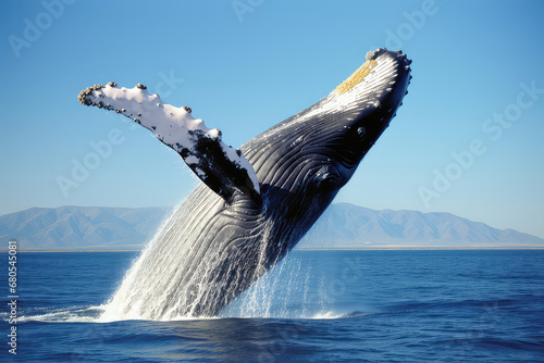 A magnificent image of a massive whale breaching out of the ocean, showcasing its sheer size and power, leaving spectators in awe of its majestic presenc