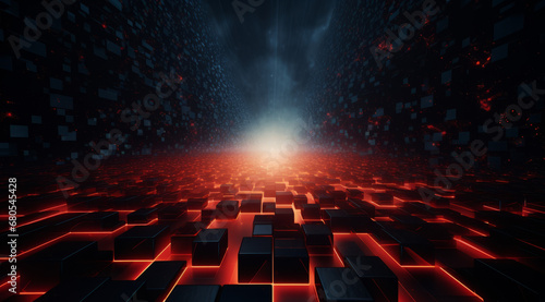 Glowing red cubes on a digital grid with a celestial backdrop.