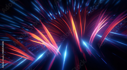  A dynamic display of blue and red laser lights converging in an abstract pattern.