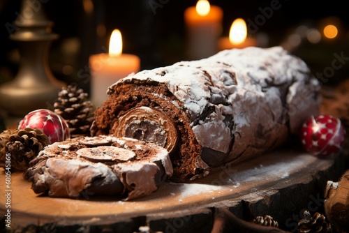 Classic Yule log a festive treat Christmas cake rolled and adorned for a delightful celebration