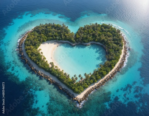 Tropical island heart shape, top view, blue sea
