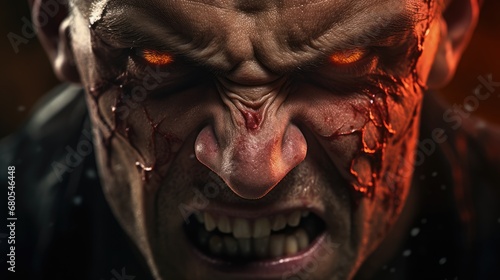 A clenched jaw and furrowed brows on a close-up of an angry face. The background is a deep, blurred red, symbolizing the boiling rage. The focus is on the intense eyes.