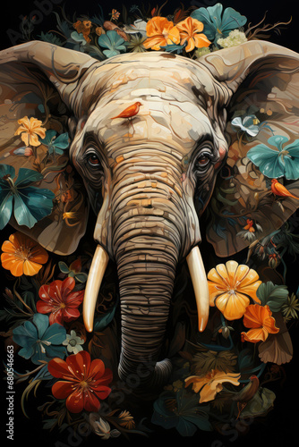 Elephant portrait with flowers and leaves. Created with Generative AI