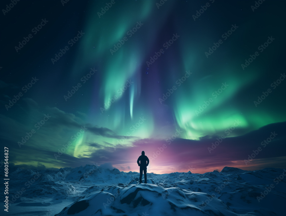 Silhouette of a Man as he Watches the Amazing Aurora Borealis Northern Lights at Night Color Lights Dance in the Sky