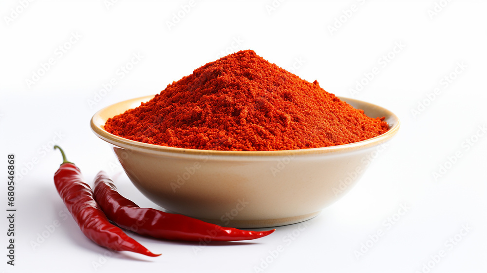 A chilli powder in the bowl in the white background. Made with generative ai A chilli powder in the bowl in the white background. Made with generative ai