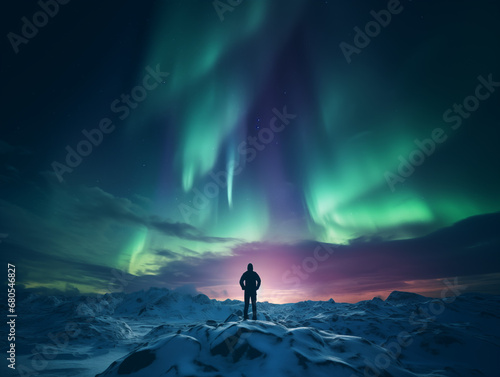 Silhouette of a Man as he Watches the Amazing Aurora Borealis Northern Lights at Night Color Lights Dance in the Sky © Rajko