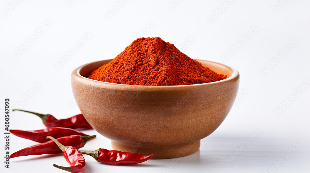 A chilli powder in the bowl in the white background. Made with generative ai A chilli powder in the bowl in the white background. Made with generative ai