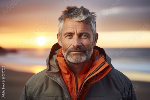 Portrait of a tender man in his 50s wearing a lightweight packable anorak against a vibrant beach sunset background. AI Generation