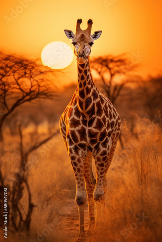 Giraffe on african savannah in sunset time. Created with Generative AI © Uliana