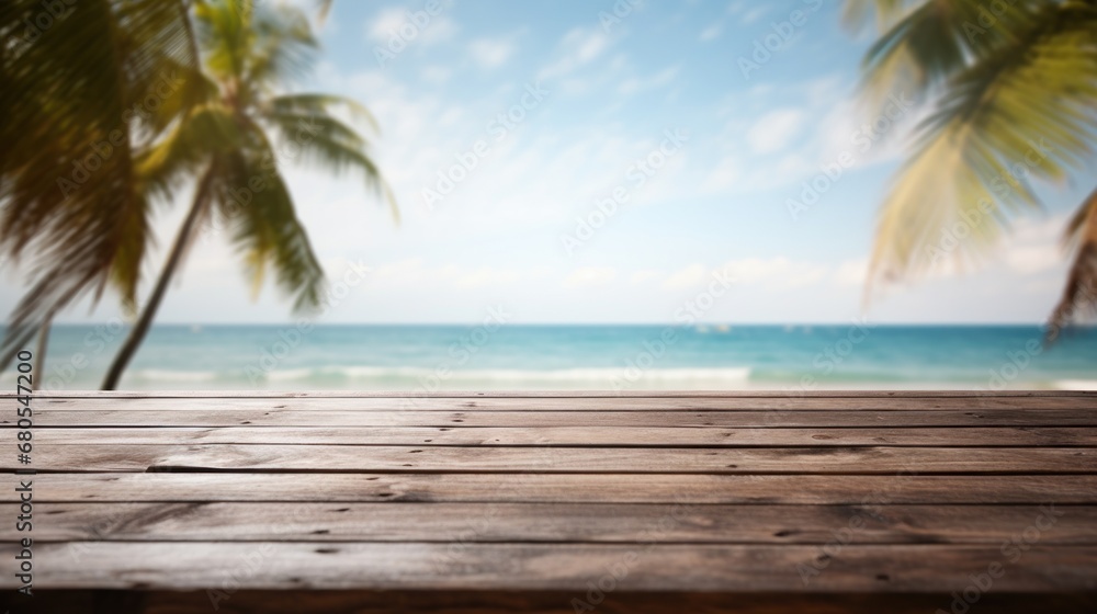 Dark wood floor top on blur tropical beach background, Advertisement, Print media, Illustration, Banner, for website, copy space, for word, template, presentation Dark wood floor top on blur tropical beach background, Advertisement, Print media, Illustration, Banner, for website, copy space, for word, template, presentation