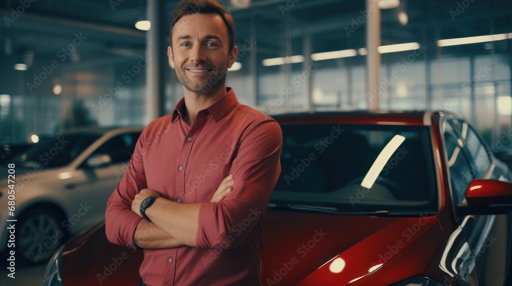 Man happy customer for buyer new car auto, male want buy automobile in showroom vehicle dealership store motor show indoor Sales Man happy customer for buyer new car auto, male want buy automobile in showroom vehicle dealership store motor show indoor Sales