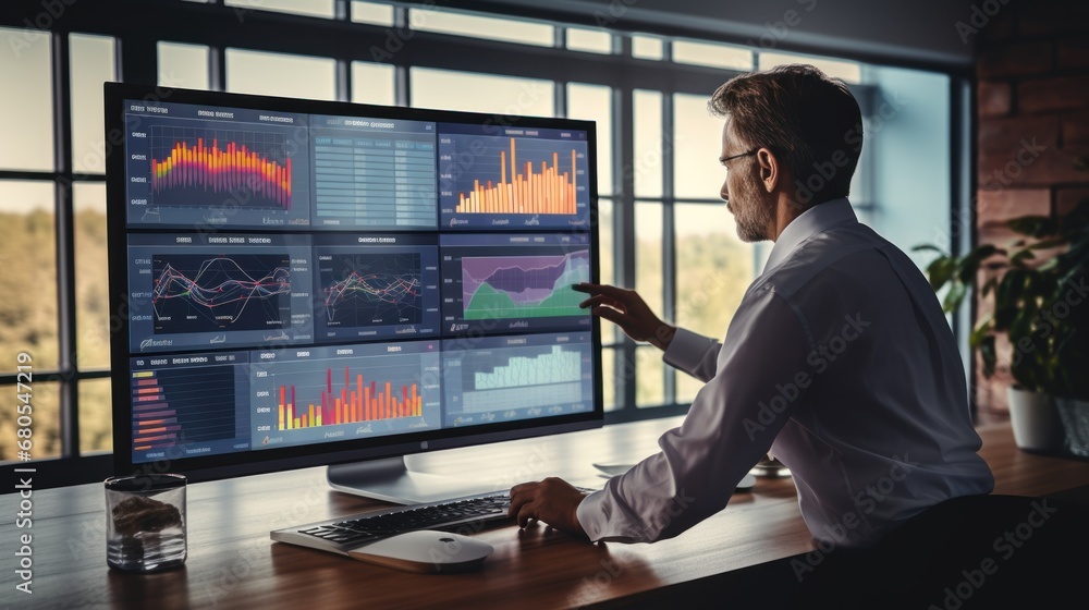 analyst uses computer and dashboard for data business analysis and Data Management System with KPI and metrics connected to the database for technology finance, operations, sales, marketing. analyst uses computer and dashboard for data business analysis and Data Management System with KPI and metrics connected to the database for technology finance, operations, sales, marketing.