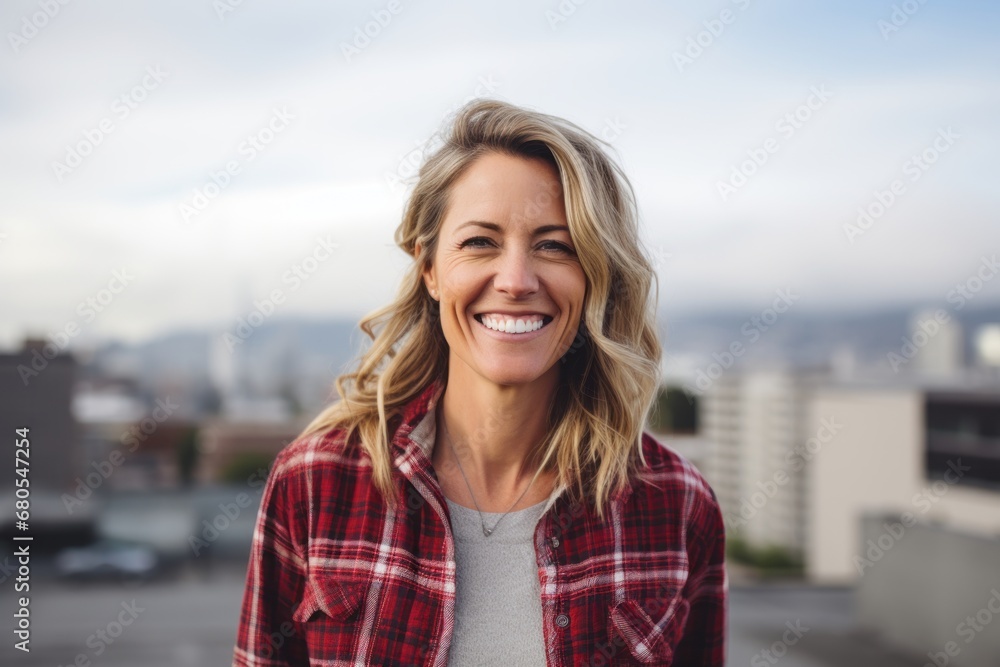 Portrait of a smiling woman in her 40s dressed in a relaxed flannel shirt against a modern cityscape background. AI Generation Portrait of a smiling woman in her 40s dressed in a relaxed flannel shirt against a modern cityscape background. AI Generation