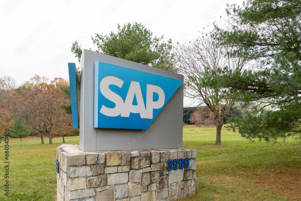 SAP sign at the SAP America Headquarters in Newtown Square, PA, USA, November 4, 2023. SAP SE is