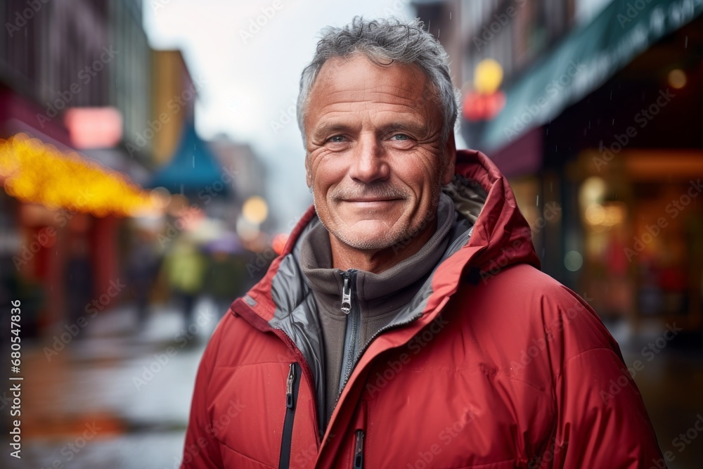 Portrait of a merry man in his 50s donning a durable down jacket against a vibrant market street background. AI Generation Portrait of a merry man in his 50s donning a durable down jacket against a vibrant market street background. AI Generation