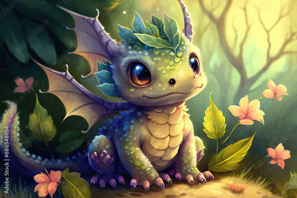 Cute baby fantasy dragon with wings and leaves in the green forest background, Year of the Dragon, Generative AI