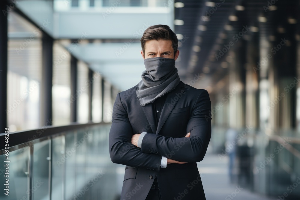 Portrait of a content man in his 30s wearing a protective neck gaiter against a sophisticated corporate office background. AI Generation Portrait of a content man in his 30s wearing a protective neck gaiter against a sophisticated corporate office background. AI Generation