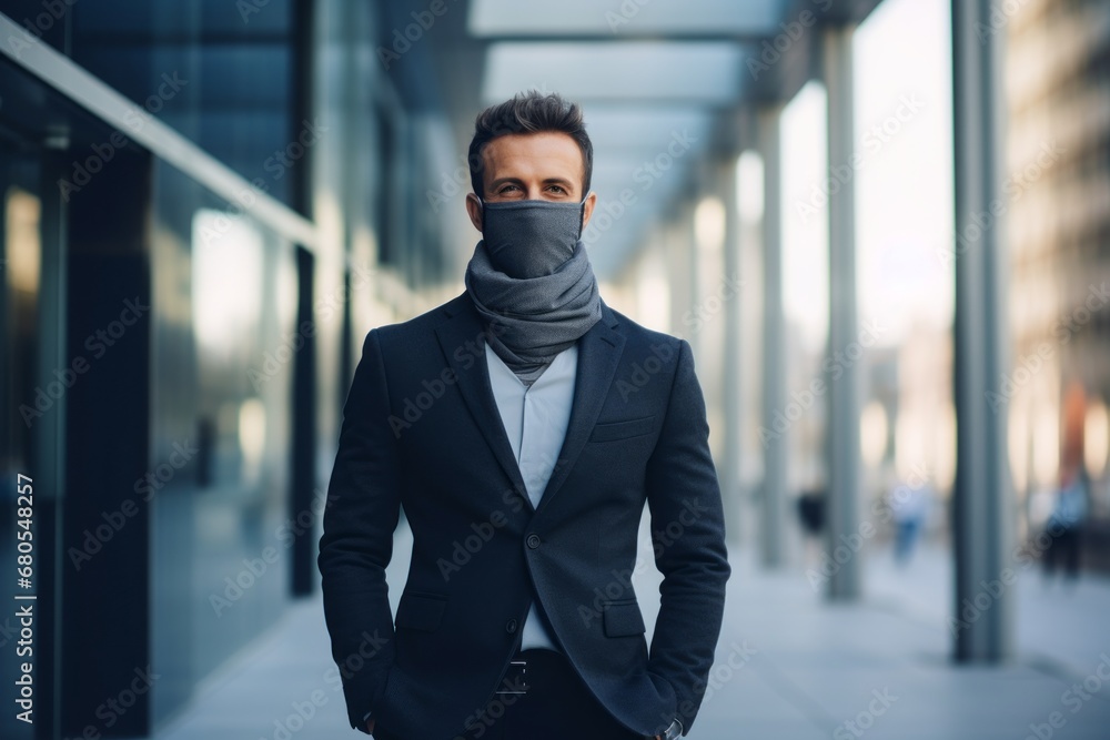 Portrait of a content man in his 30s wearing a protective neck gaiter against a sophisticated corporate office background. AI Generation Portrait of a content man in his 30s wearing a protective neck gaiter against a sophisticated corporate office background. AI Generation