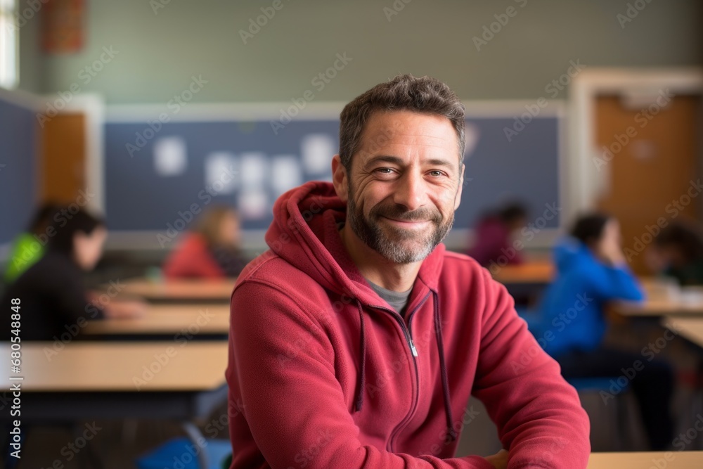Portrait of a happy man in his 30s wearing a zip-up fleece hoodie against a lively classroom background. AI Generation Portrait of a happy man in his 30s wearing a zip-up fleece hoodie against a lively classroom background. AI Generation