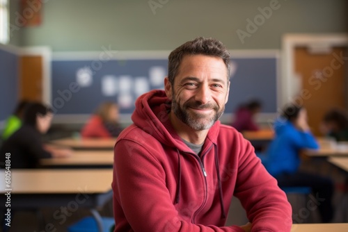Portrait of a happy man in his 30s wearing a zip-up fleece hoodie against a lively classroom background. AI Generation