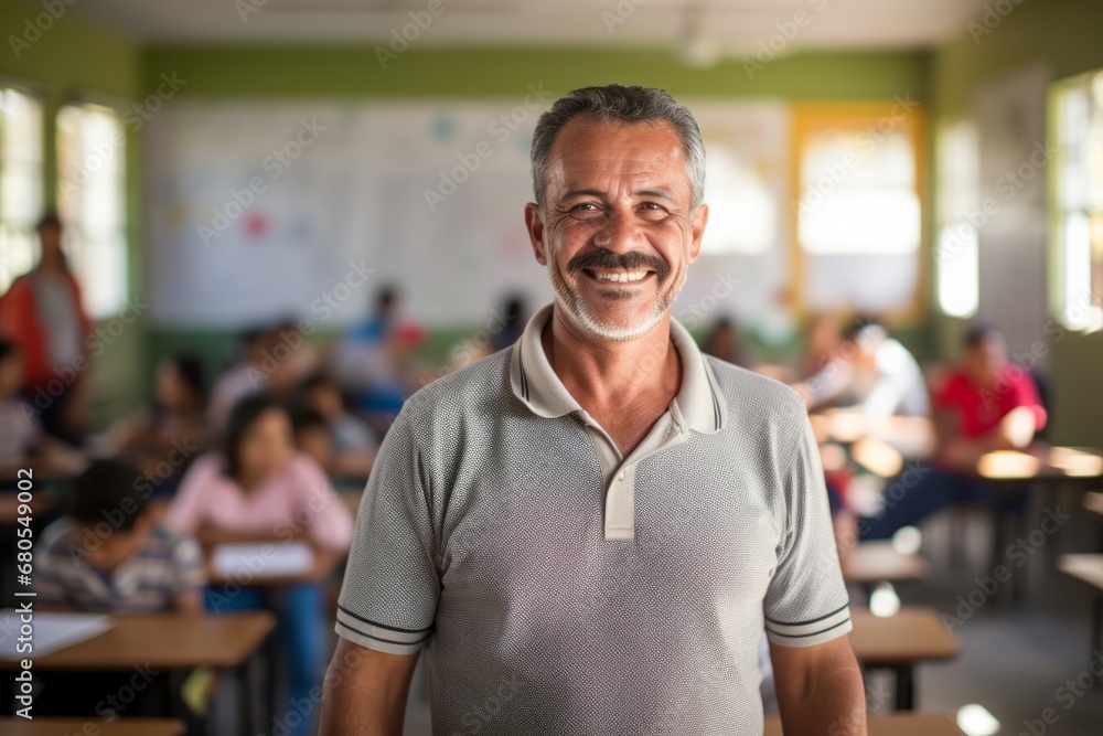 Portrait of a smiling man in his 50s sporting a breathable mesh jersey against a lively classroom background. AI Generation Portrait of a smiling man in his 50s sporting a breathable mesh jersey against a lively classroom background. AI Generation