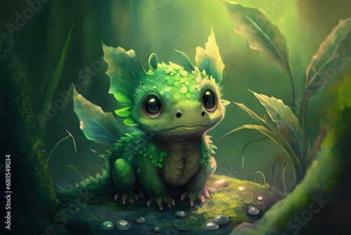 Cute baby green dragon in the green forest background, Year of the Dragon, fairy tale illustration, Generative AI © Eva