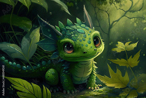 Cute baby fantasy green dragon in the green forest, Year of the Dragon, fairy tale illustration, Generative AI © Eva