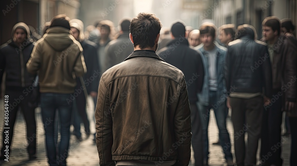A figure seen from behind, walking away from a group of people. The figure's shoulders are hunched, and their head is down, suggesting a feeling of being ostracized or humiliated. A figure seen from behind, walking away from a group of people. The figure's shoulders are hunched, and their head is down, suggesting a feeling of being ostracized or humiliated.
