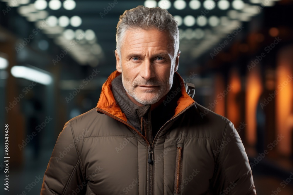 Portrait of a tender man in his 50s donning a durable down jacket against a dynamic fitness gym background. AI Generation Portrait of a tender man in his 50s donning a durable down jacket against a dynamic fitness gym background. AI Generation