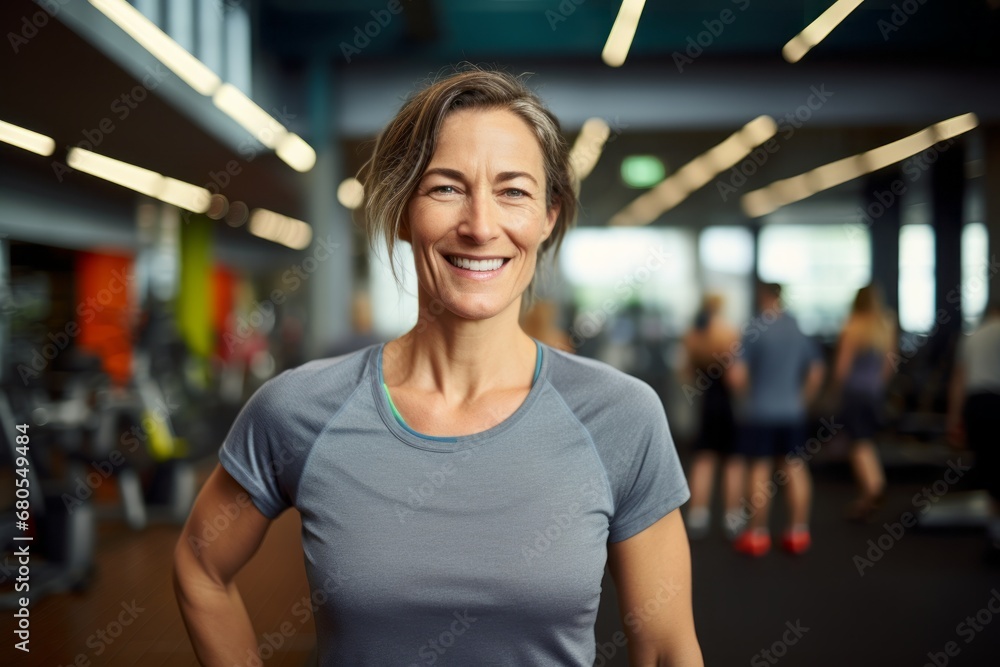 Portrait of a joyful woman in her 40s wearing a moisture-wicking running shirt against a dynamic fitness gym background. AI Generation Portrait of a joyful woman in her 40s wearing a moisture-wicking running shirt against a dynamic fitness gym background. AI Generation