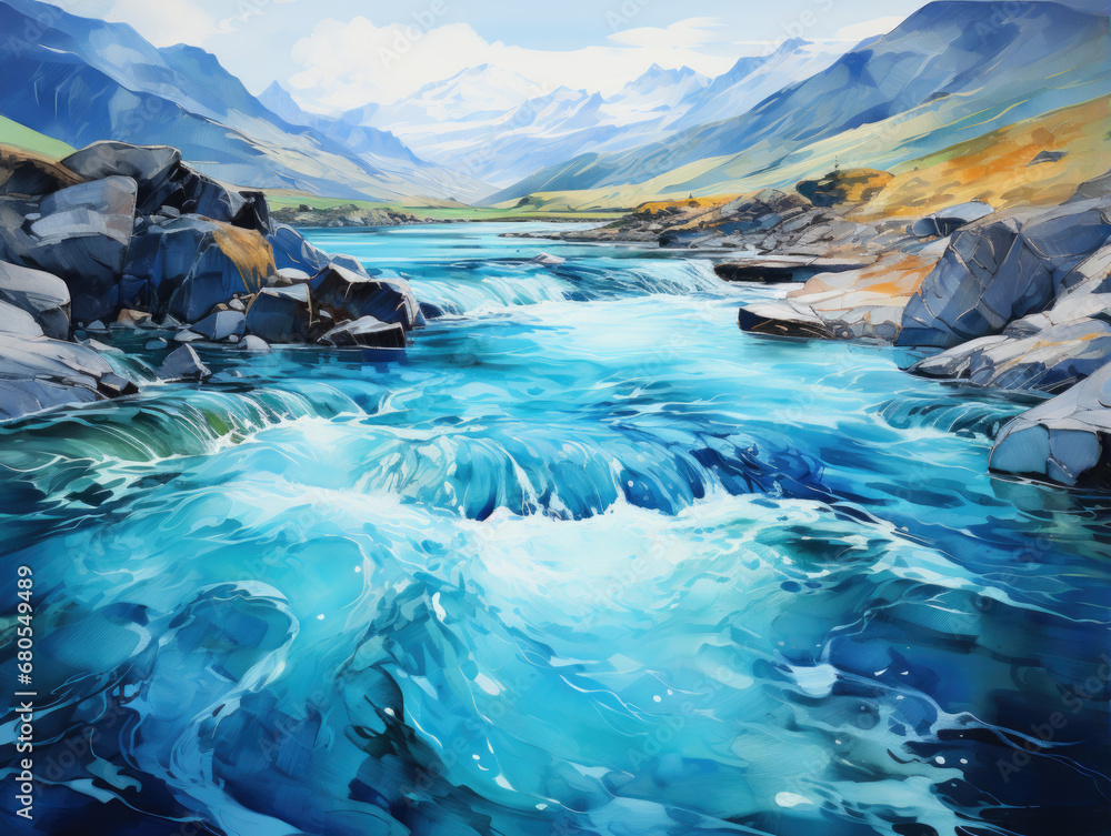 An abstract background is formed by a bright blue river flowing near mountains