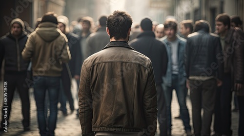 A figure seen from behind, walking away from a group of people. The figure's shoulders are hunched, and their head is down, suggesting a feeling of being ostracized or humiliated. 