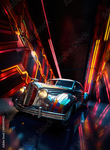 Art deco minimalistic reflective aluminium vintage car of 1930s, colorful neon lights in background with copy space