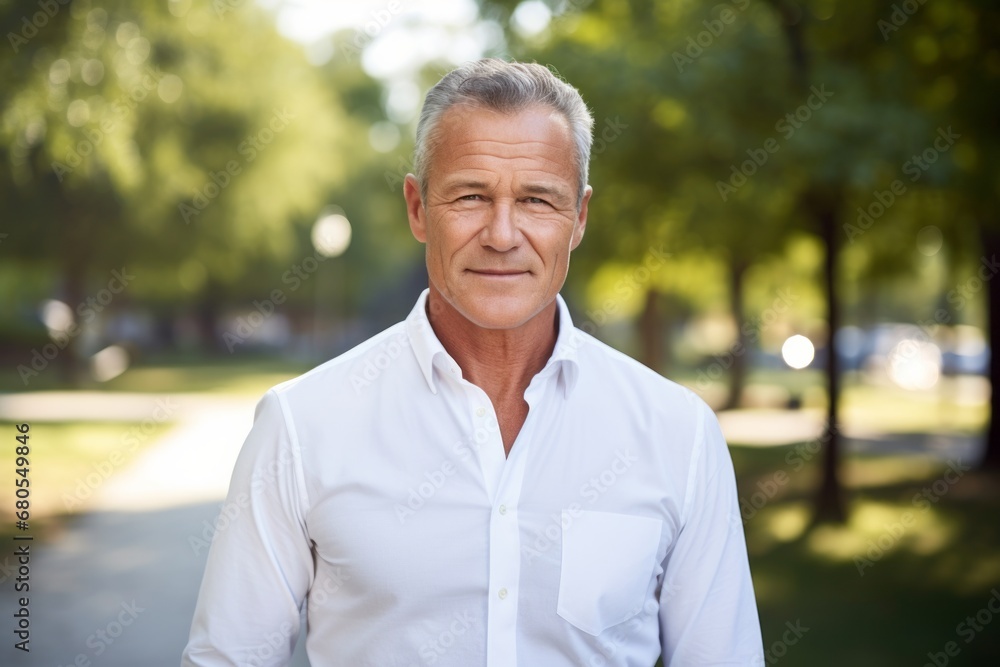 Portrait of a tender man in his 50s wearing a classic white shirt against a bright and cheerful park background. AI Generation Portrait of a tender man in his 50s wearing a classic white shirt against a bright and cheerful park background. AI Generation