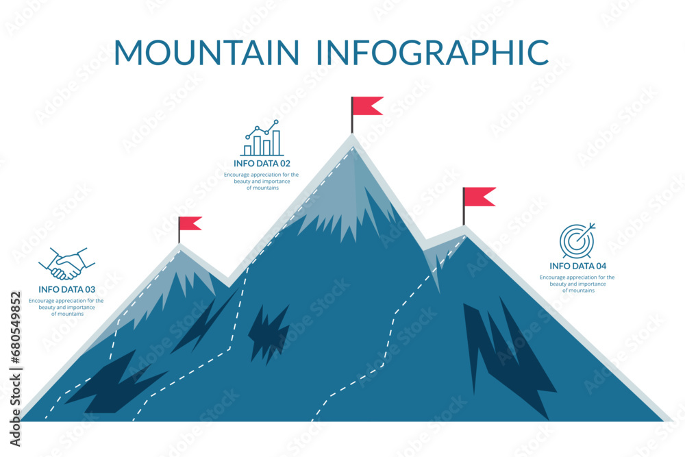 Infographic template with icons and 3 options or steps. Way to the mountain. Can be used for workflow layout, diagram, banner, webdesign. Vector illustration
