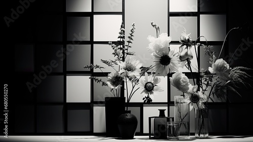 A chic arrangement of black and white patchwork design accented with monochrome floral-botanical prints. 