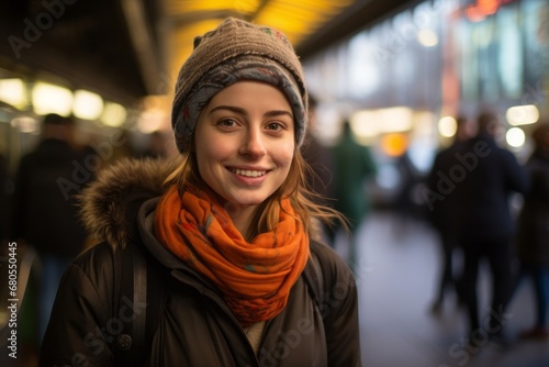 Portrait of a smiling woman in her 30s wearing a protective neck gaiter against a bustling city subway background. AI Generation photo