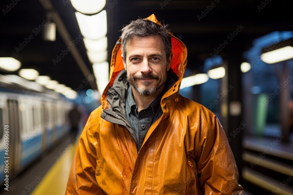 Portrait of a content man in his 40s sporting a waterproof rain jacket against a bustling city subway background. AI Generation Portrait of a content man in his 40s sporting a waterproof rain jacket against a bustling city subway background. AI Generation