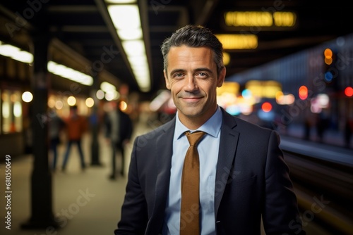 Portrait of a happy man in his 40s wearing a professional suit jacket against a bustling city subway background. AI Generation © CogniLens