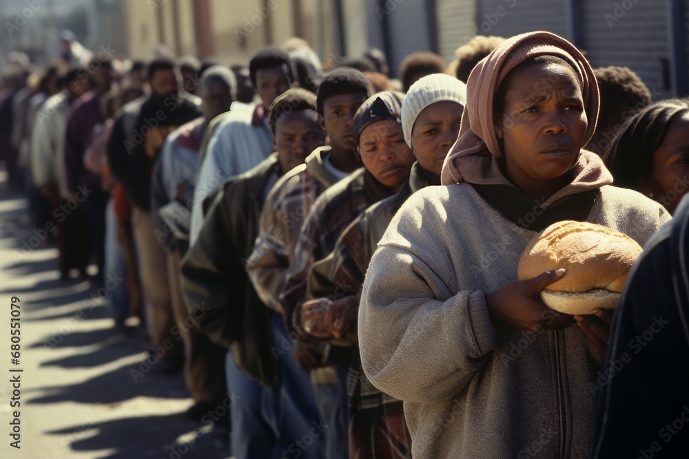 A long line of people outside a food distribution center, waiting at a food bank, highlighting the reliance on charitable assistance in times of need. Concept of food distribution centers and banks