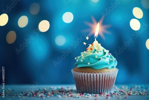 Festive cupcake with lit candle, perfect for birthday advertising or celebration-themed content.