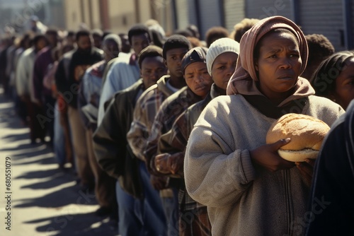 A long line of people outside a food distribution center, waiting at a food bank, highlighting the reliance on charitable assistance in times of need. Concept of food distribution centers and banks